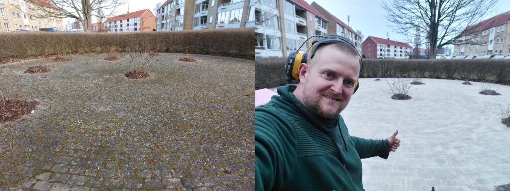 Før og efter billede af fliserens i rund plads med roser – markant forskel i flisernes farve og renhed