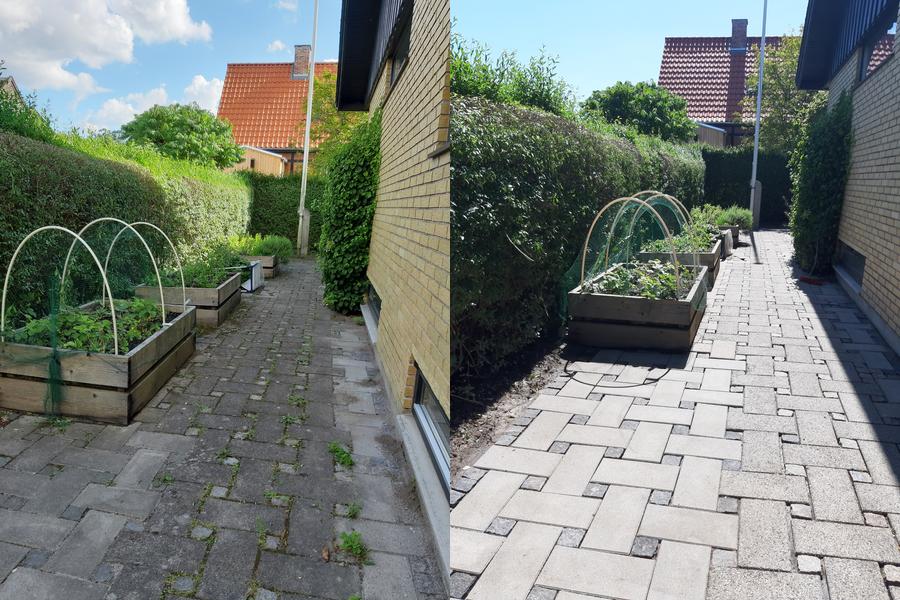 Før og efter billede af fliserens i indkørsel med bueform – tydelig forskel i flisernes farve og renhed