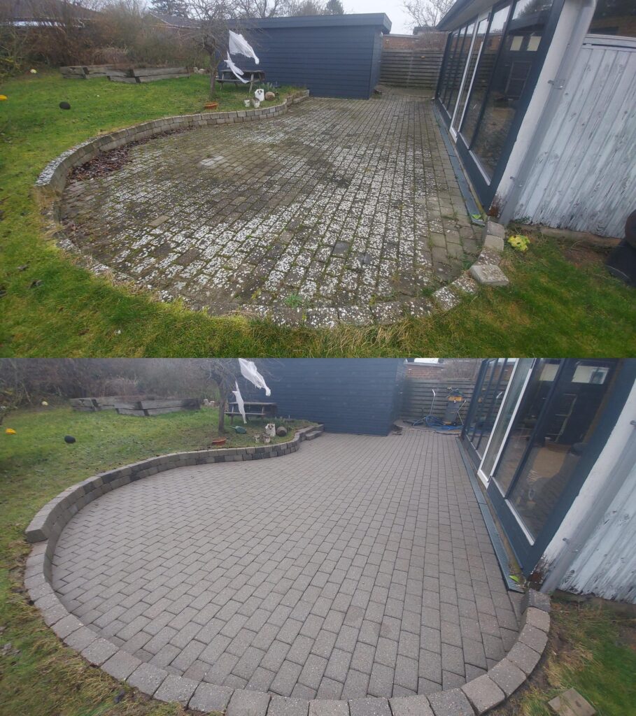 Før og efter fliserens på terrasse i Køge – øverste billede viser fliser med alger og belægninger, nederste billede viser samme terrasse med rene, lyse og flotte fliser efter professionel rensning.
