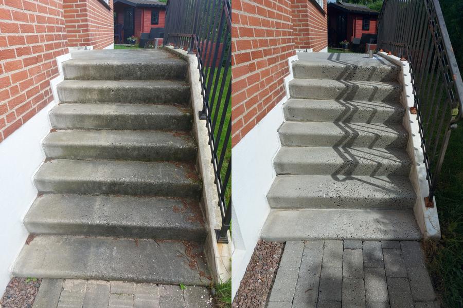 Før og efter billede af rensning af trappe – tydelig forskel i overfladens farve og renhed